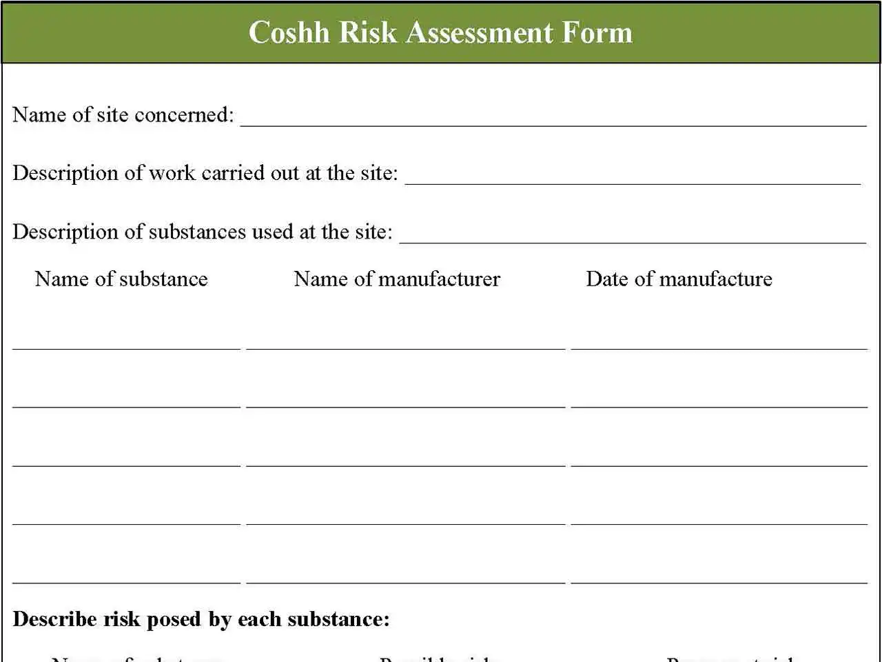 Coshh Risk Assessment Fillable PDF Form And Word Document