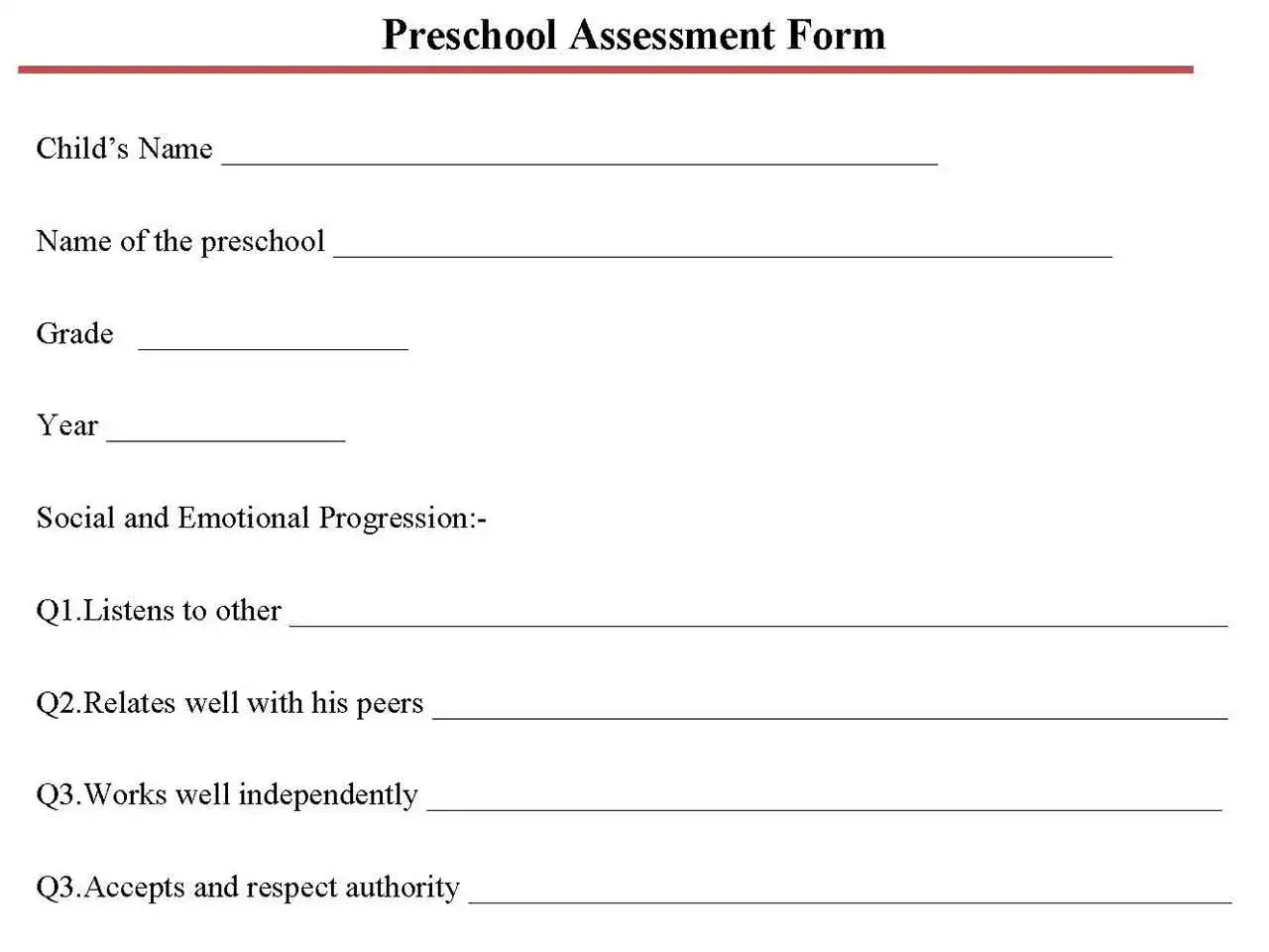 Preschool Assessment Fillable PDF Form And Word Document