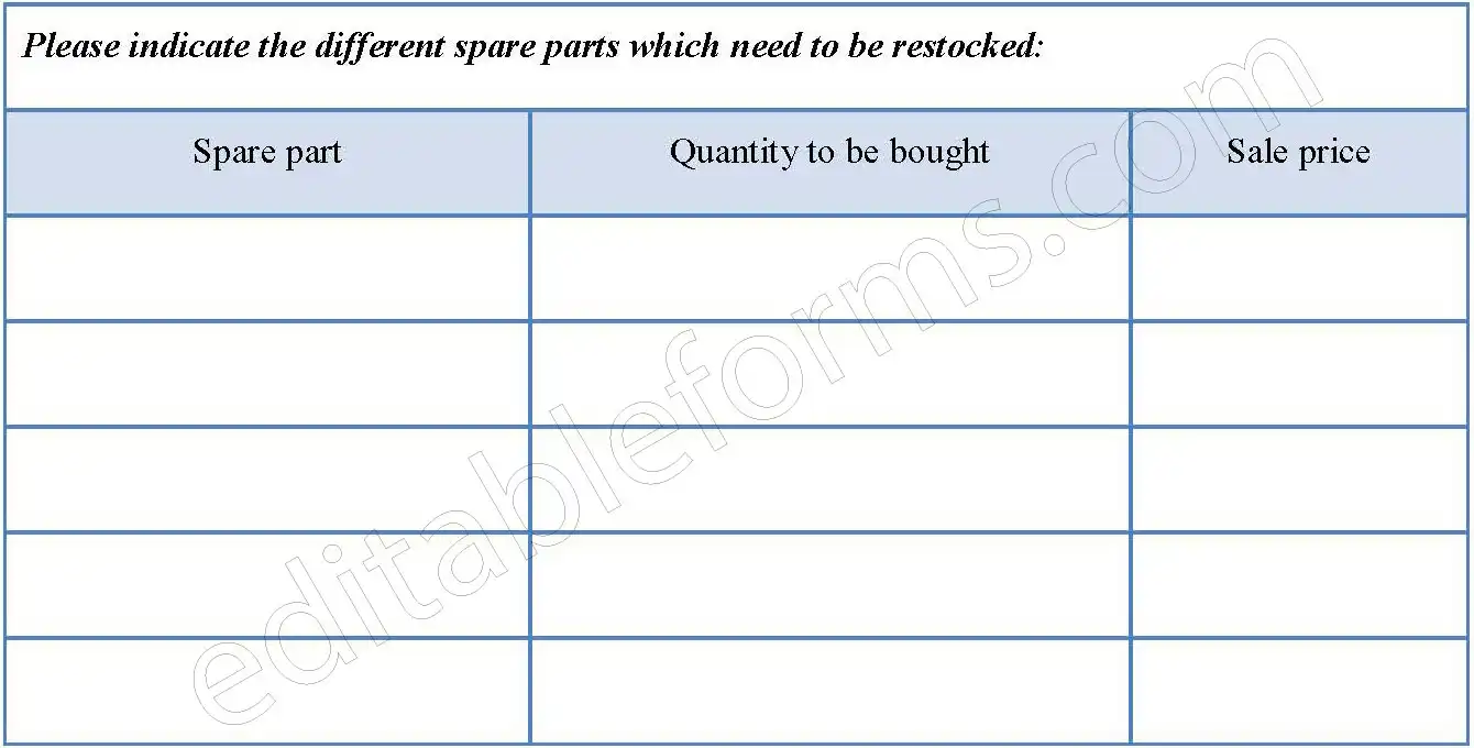 Spare Parts Inventory Form Editable PDF Forms