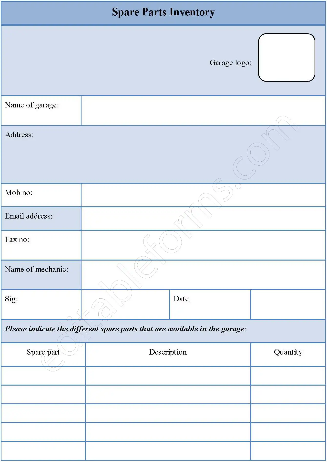 Spare Parts Inventory Form Editable PDF Forms