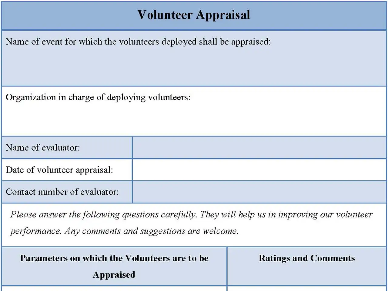 Volunteer Appraisal Fillable PDF Form And Word Document