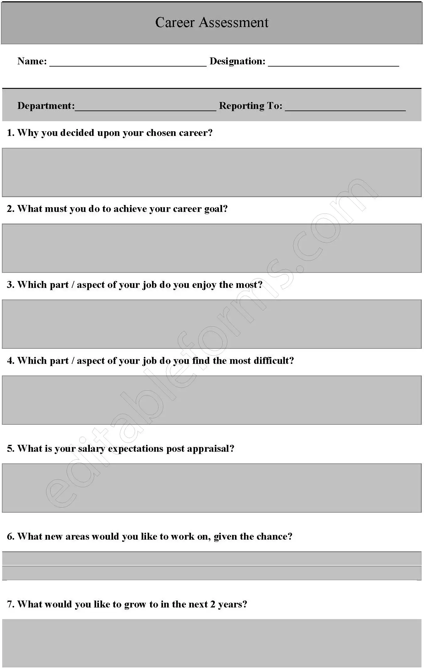 Career Assessment Fillable PDF Form