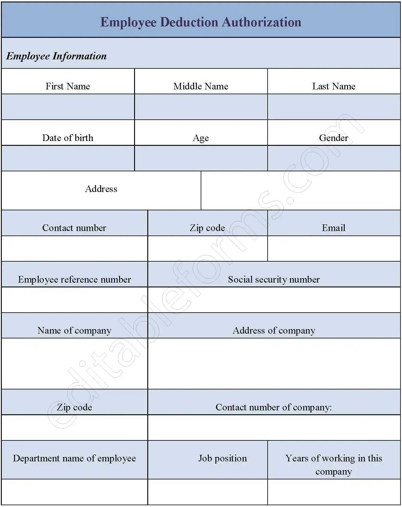 Employee Deduction Authorization Fillable PDF Form