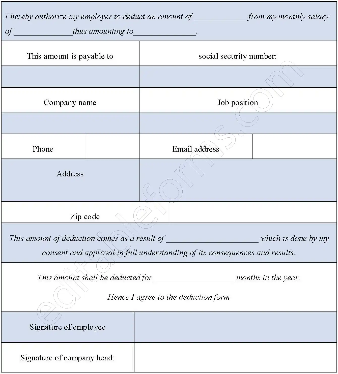 Employee Deduction Authorization Fillable PDF Template