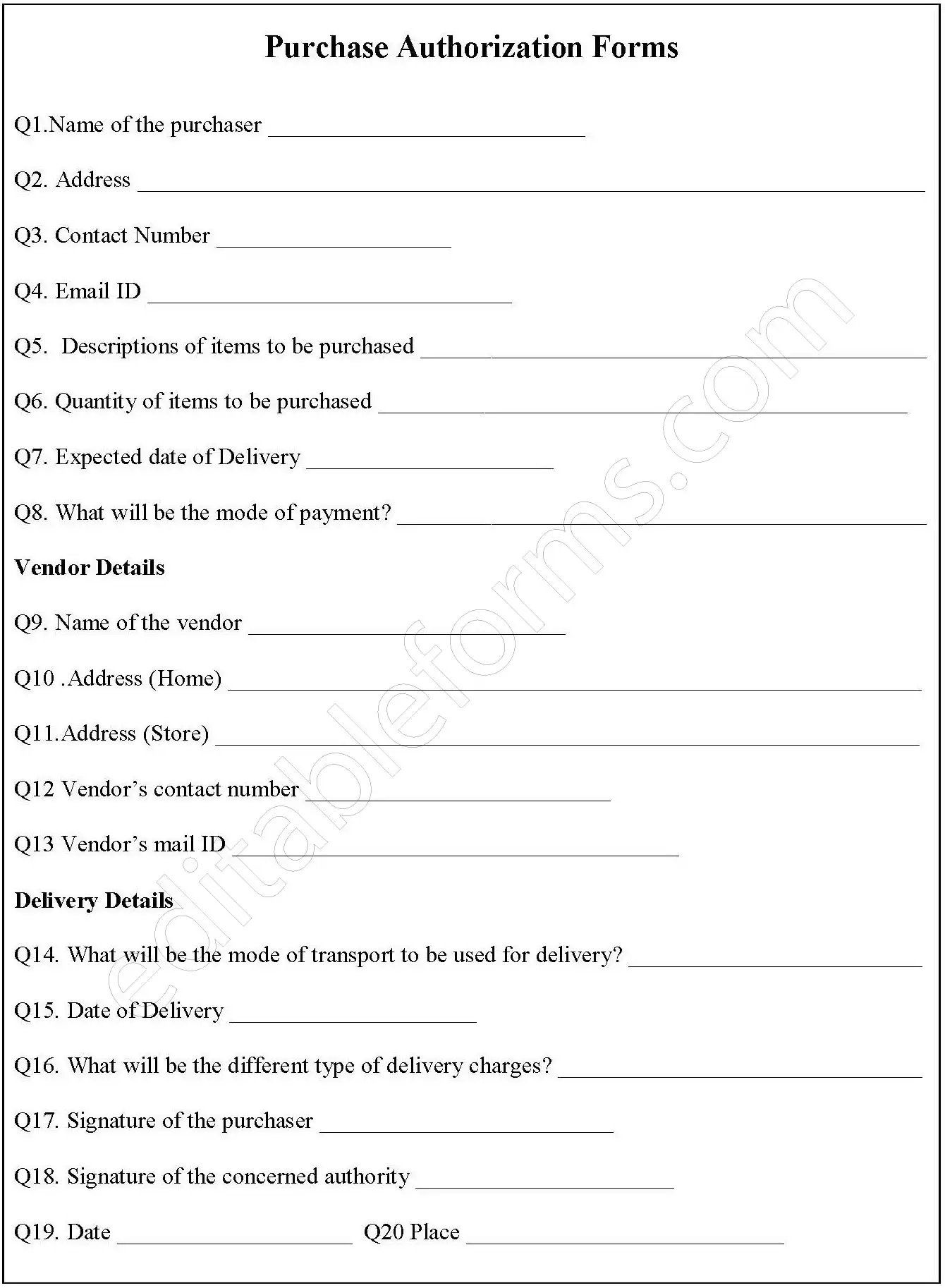 Purchase Authorization Fillable PDF Form