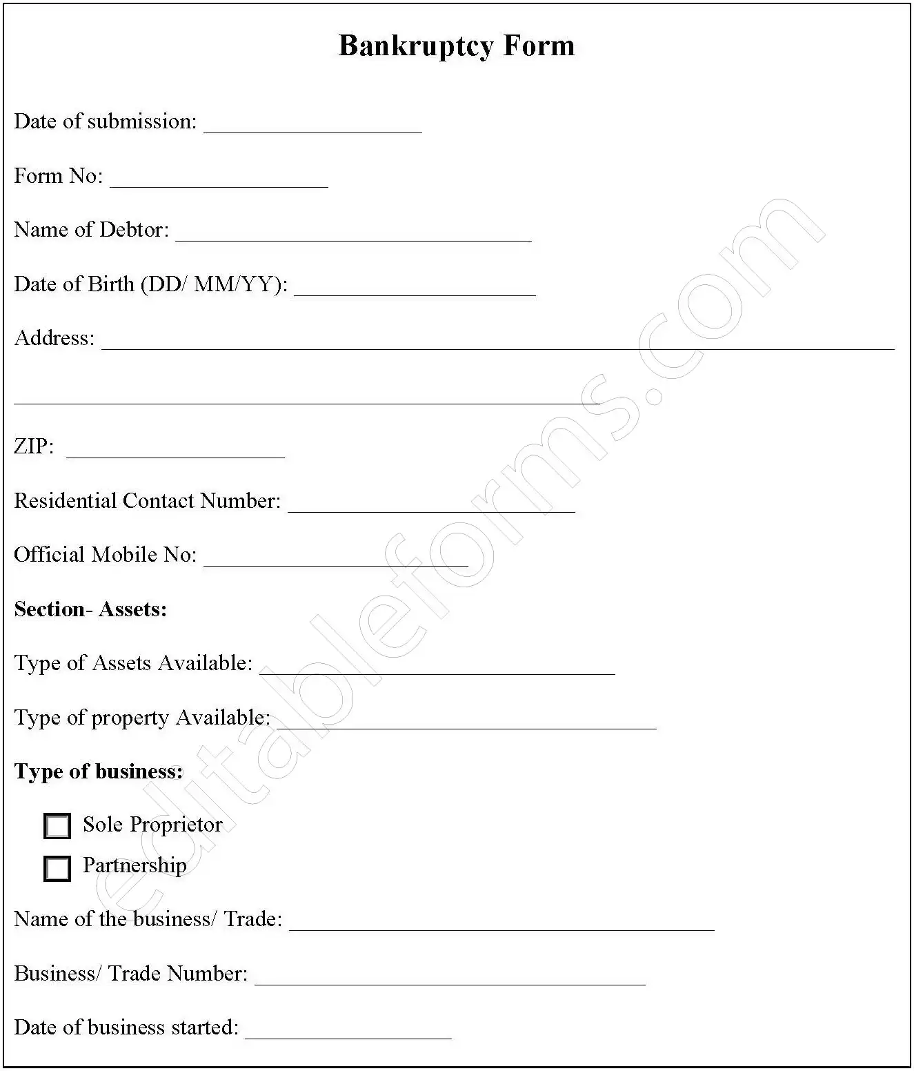 Free Bankruptcy Fillable PDF Form