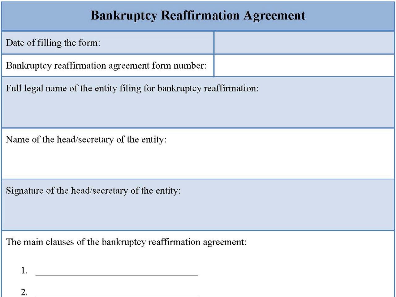 Bankruptcy Reaffirmation Agreement Fillable PDF Template