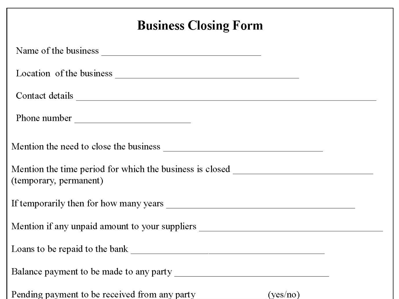 Business Closing Form