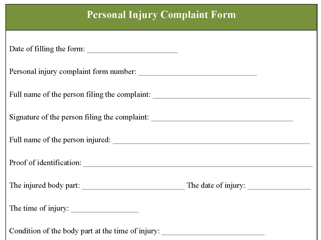 Personal Injury Complaint Form
