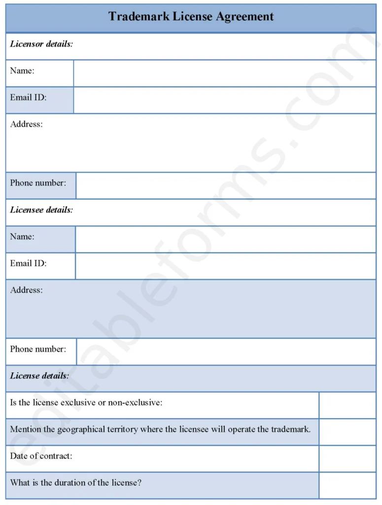 Trademark License Agreement Fillable PDF Template