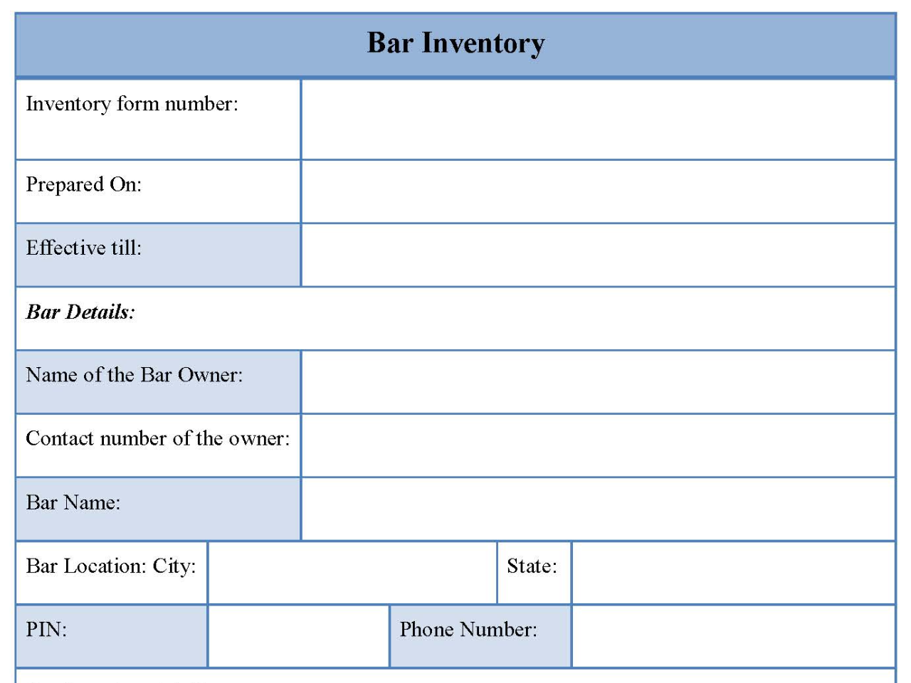 Bar inventory form