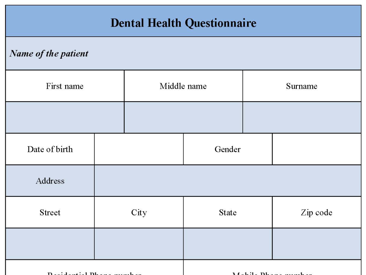 Dental Health Questionnaire Form