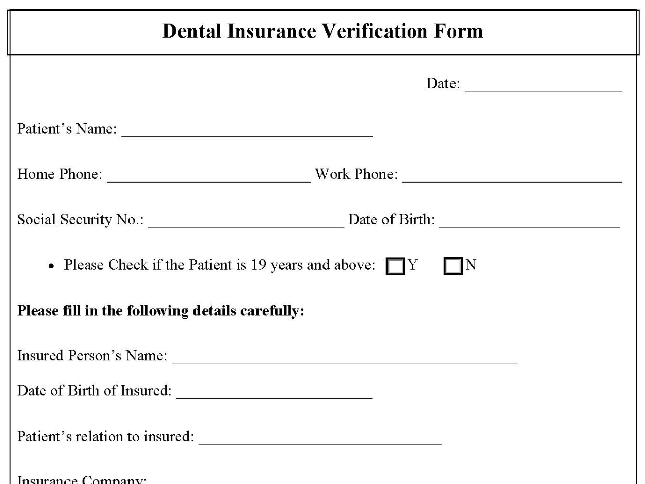 Dental Insurance Verification Form