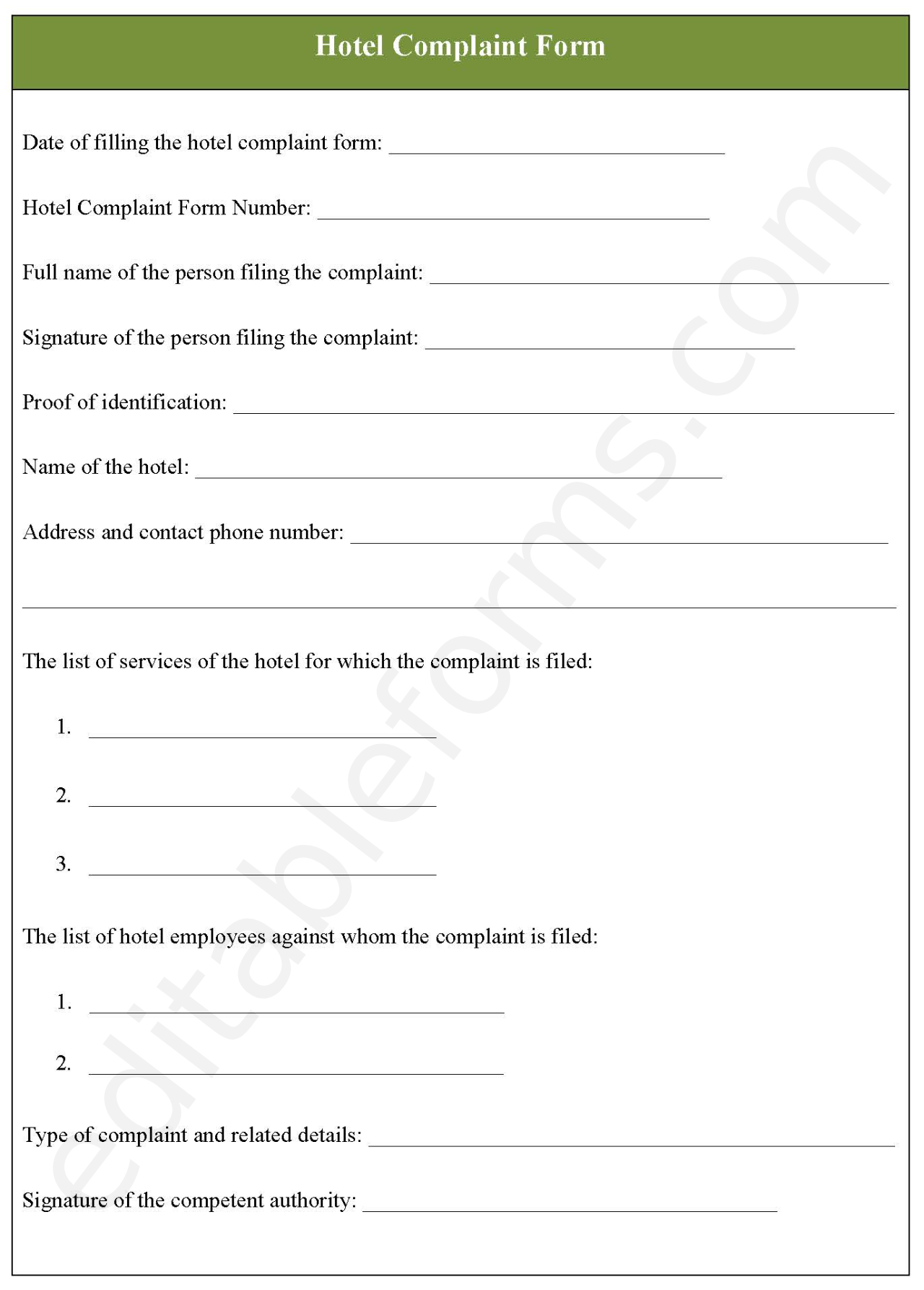 Hotel Complaint Template