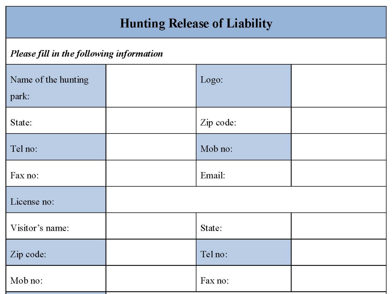 Hunting Release of Liability Form