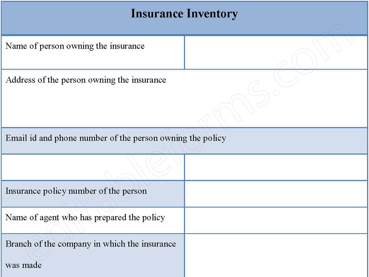Insurance Inventory Form