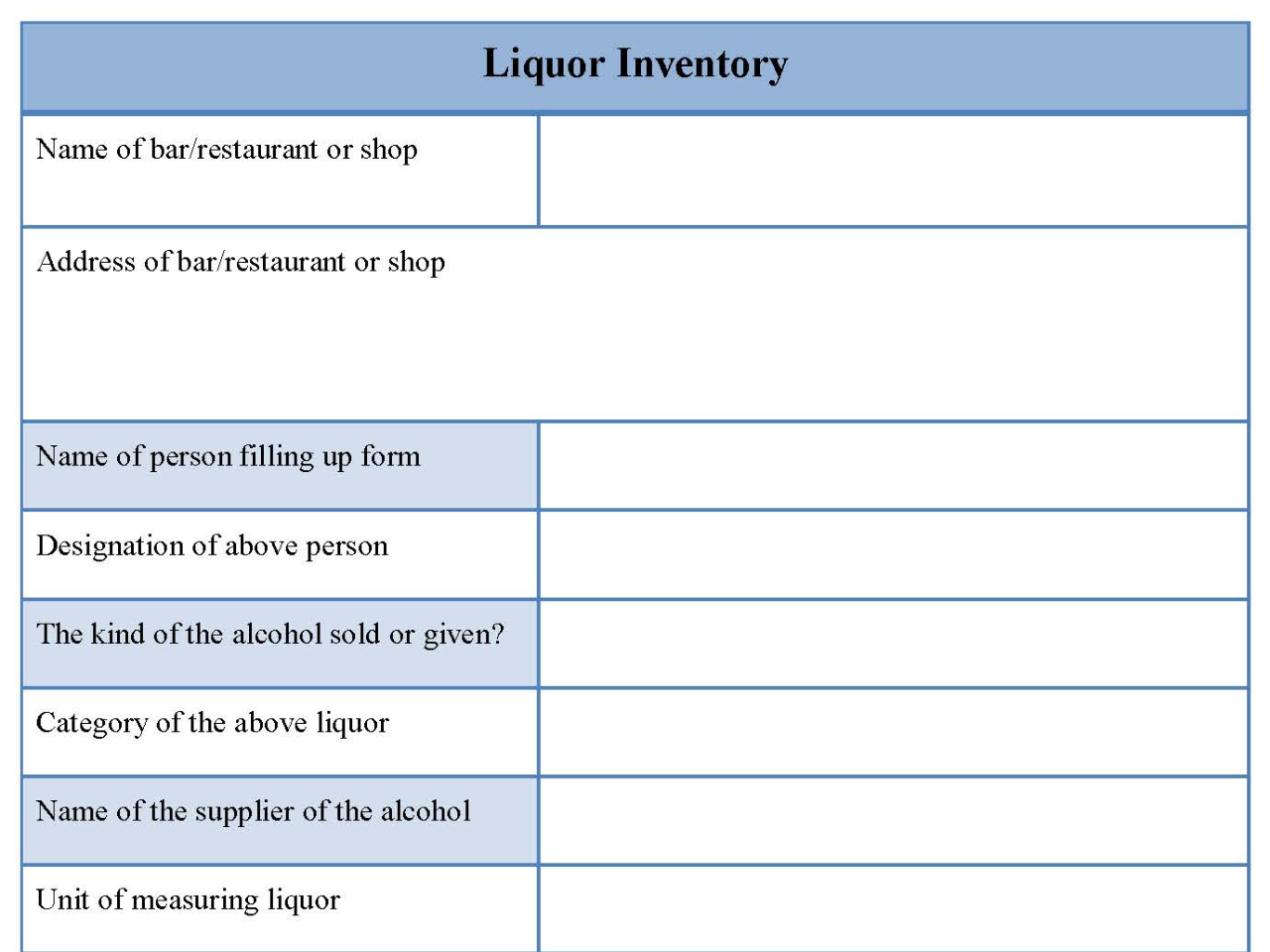 Liquor Inventory Form