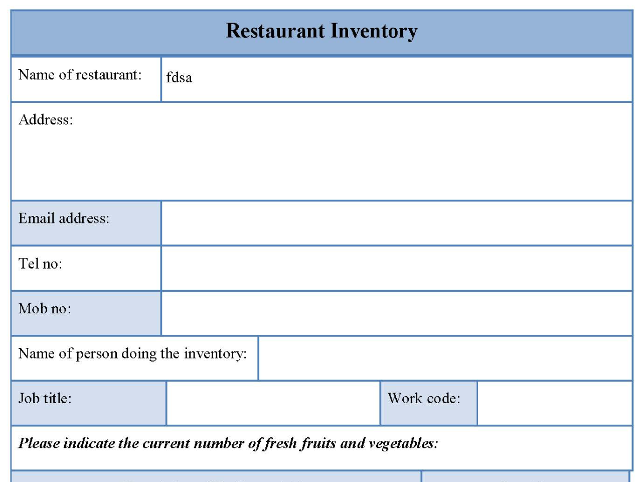 Restaurant Inventory Form