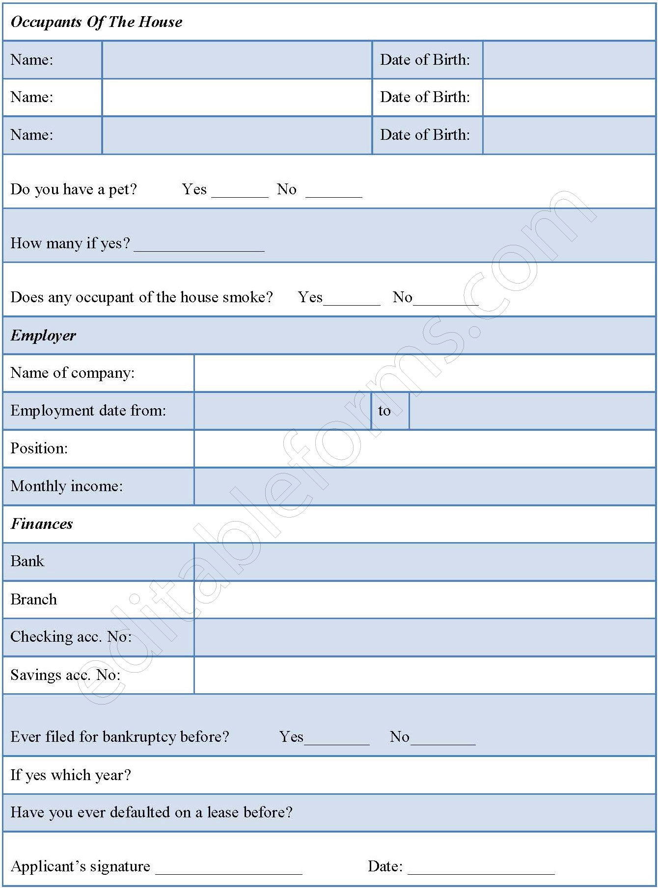 Tenant Application Fillable PDF Template