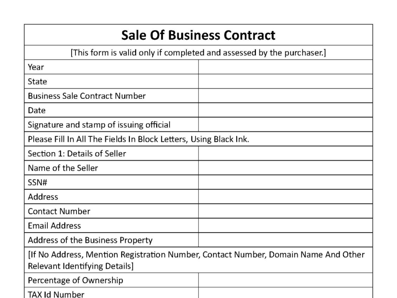 Business Sale Contract Fillable PDF Template