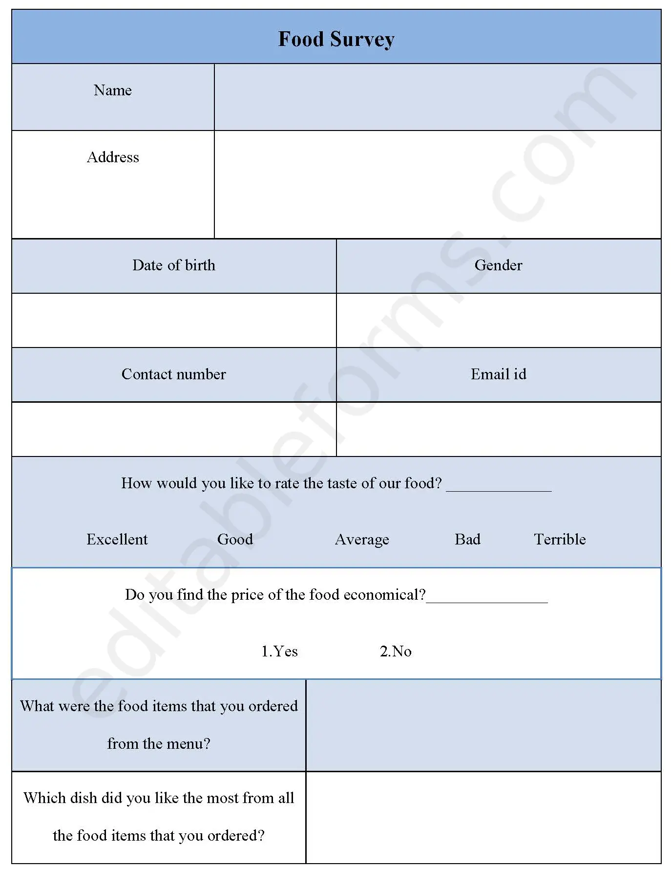 Food Survey Template