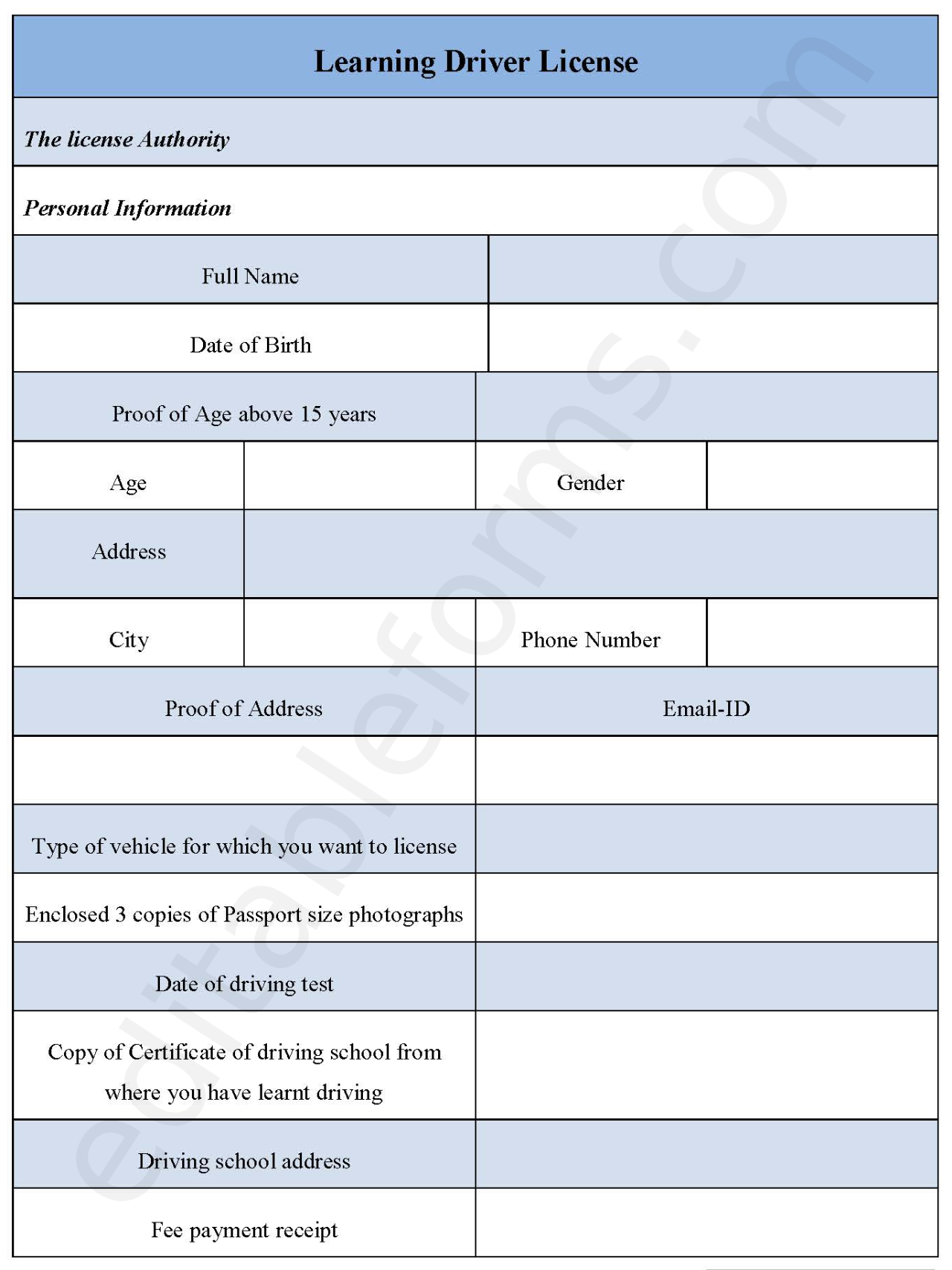 Learning Driver License Template
