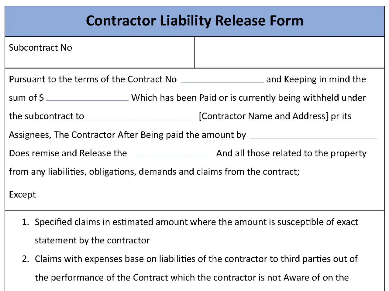 Contractor Liability Release Template