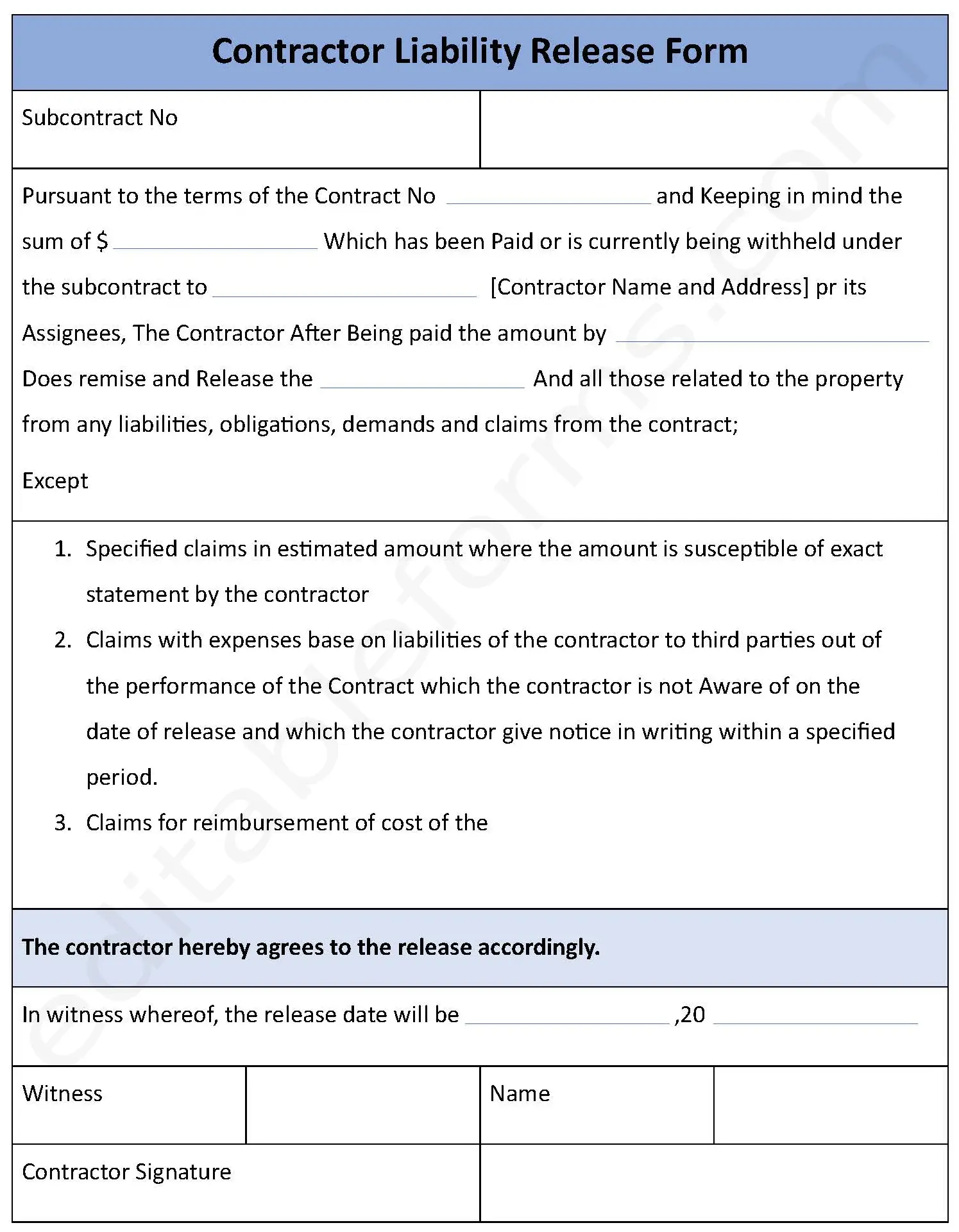 Contractor Liability Release Template