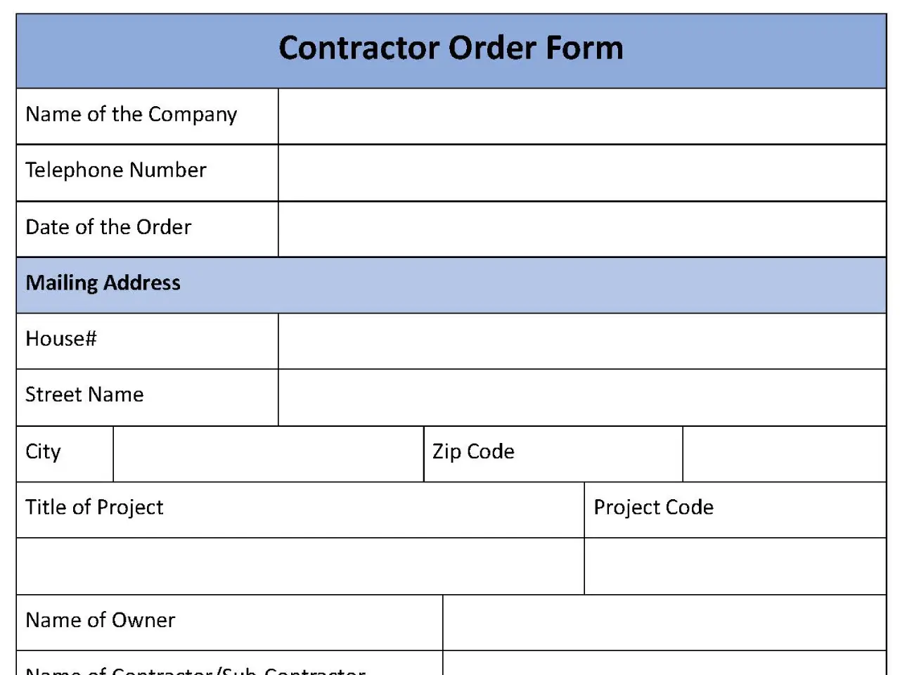 Contractor Order Template