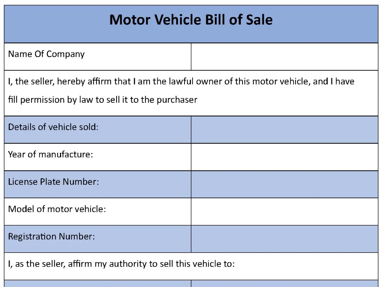 Motor Vehicle Bill of Sale Form