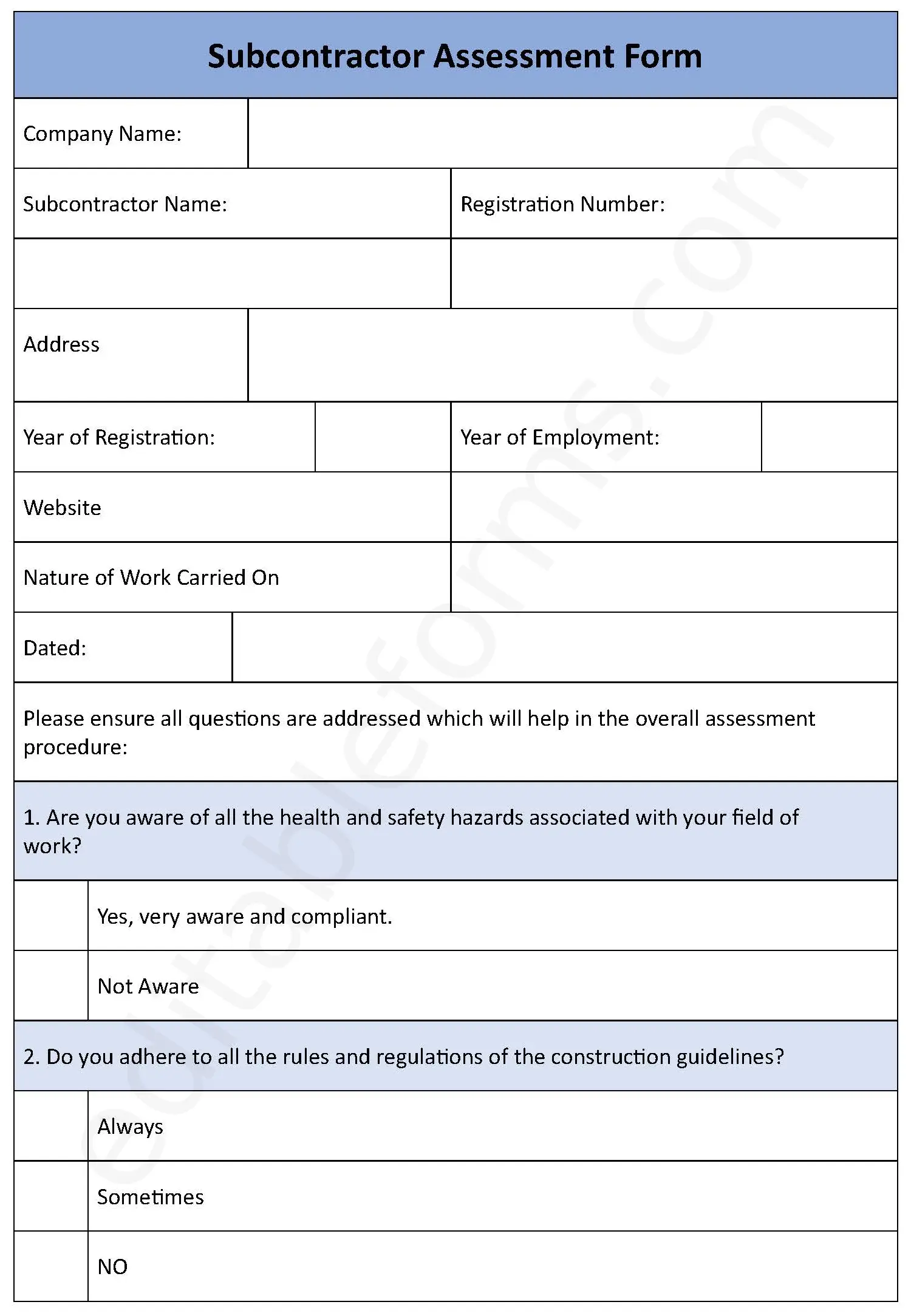 Sub Contractor Assessment Template