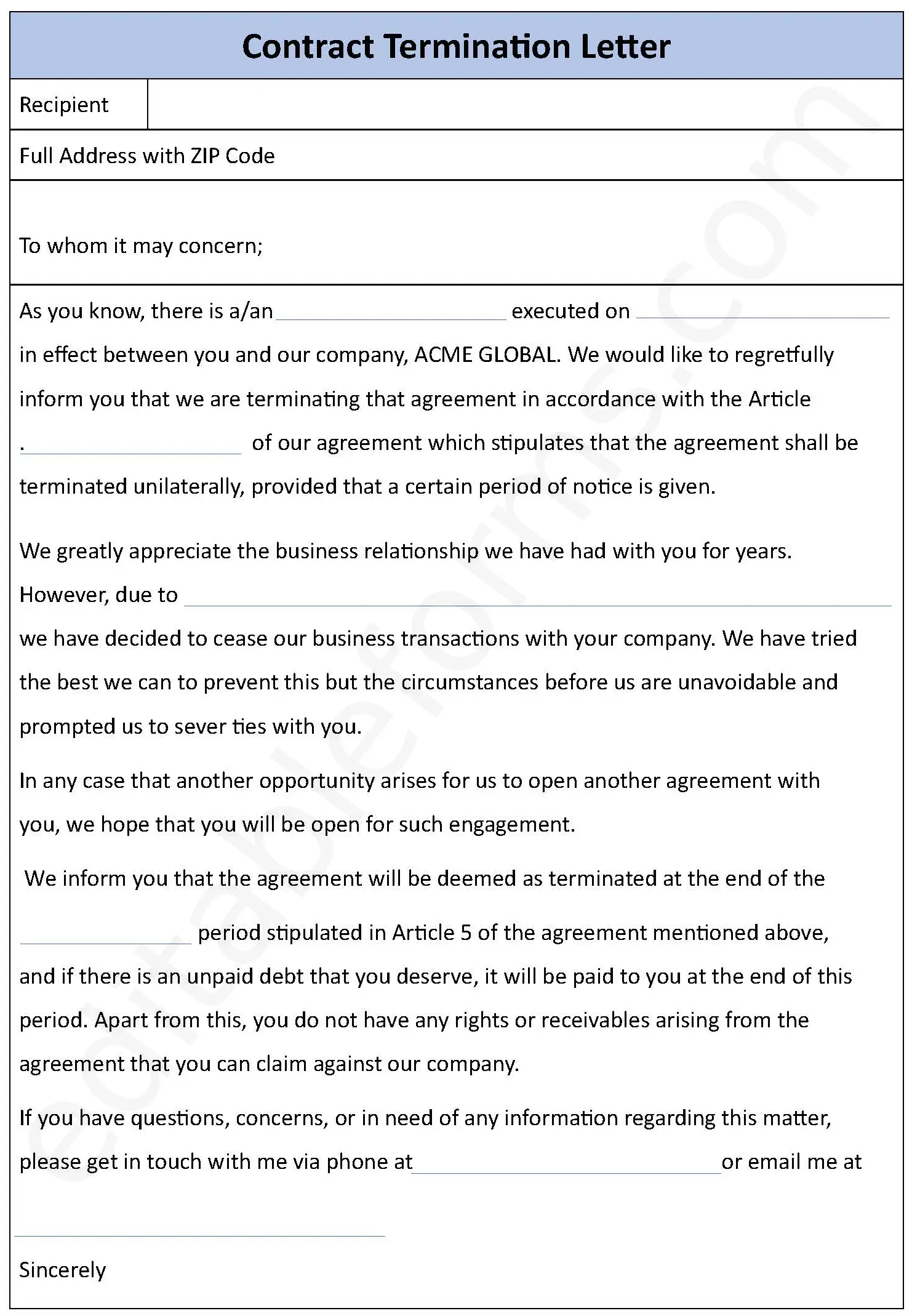 Online Contract Termination Letter Form