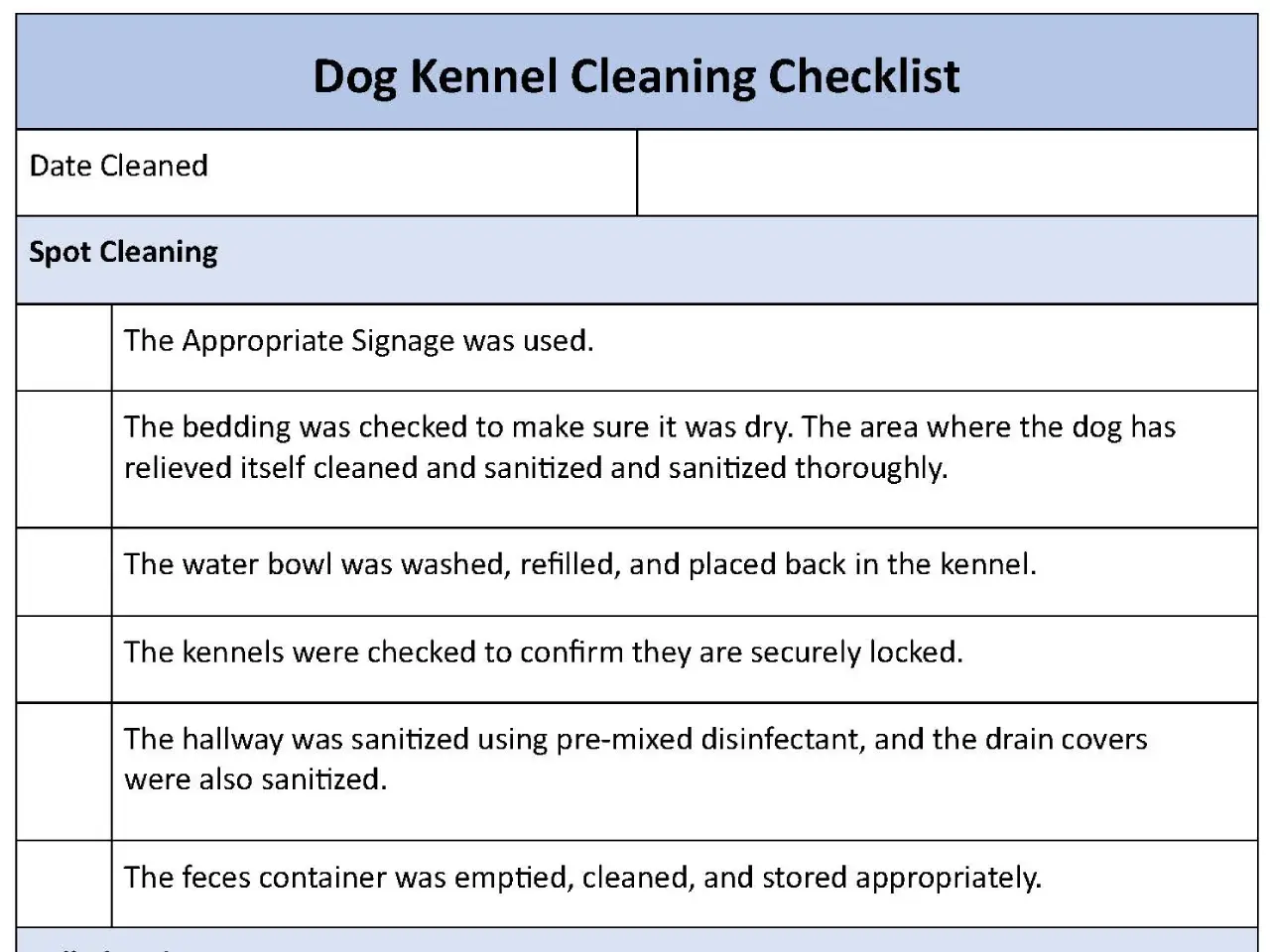 Dog Kennel Cleaning Checklist Fillable PDF Form