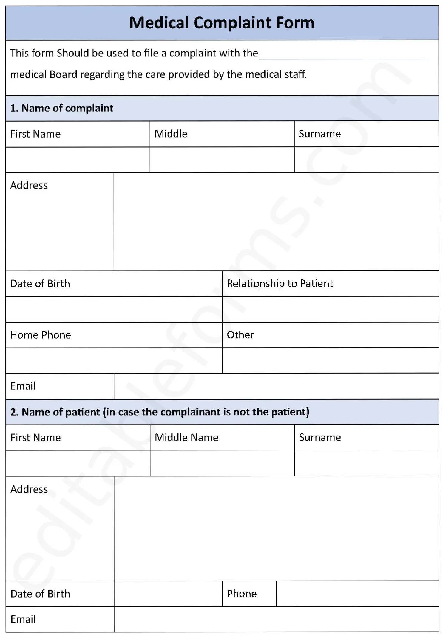 Medical Complaint Fillable PDF Template