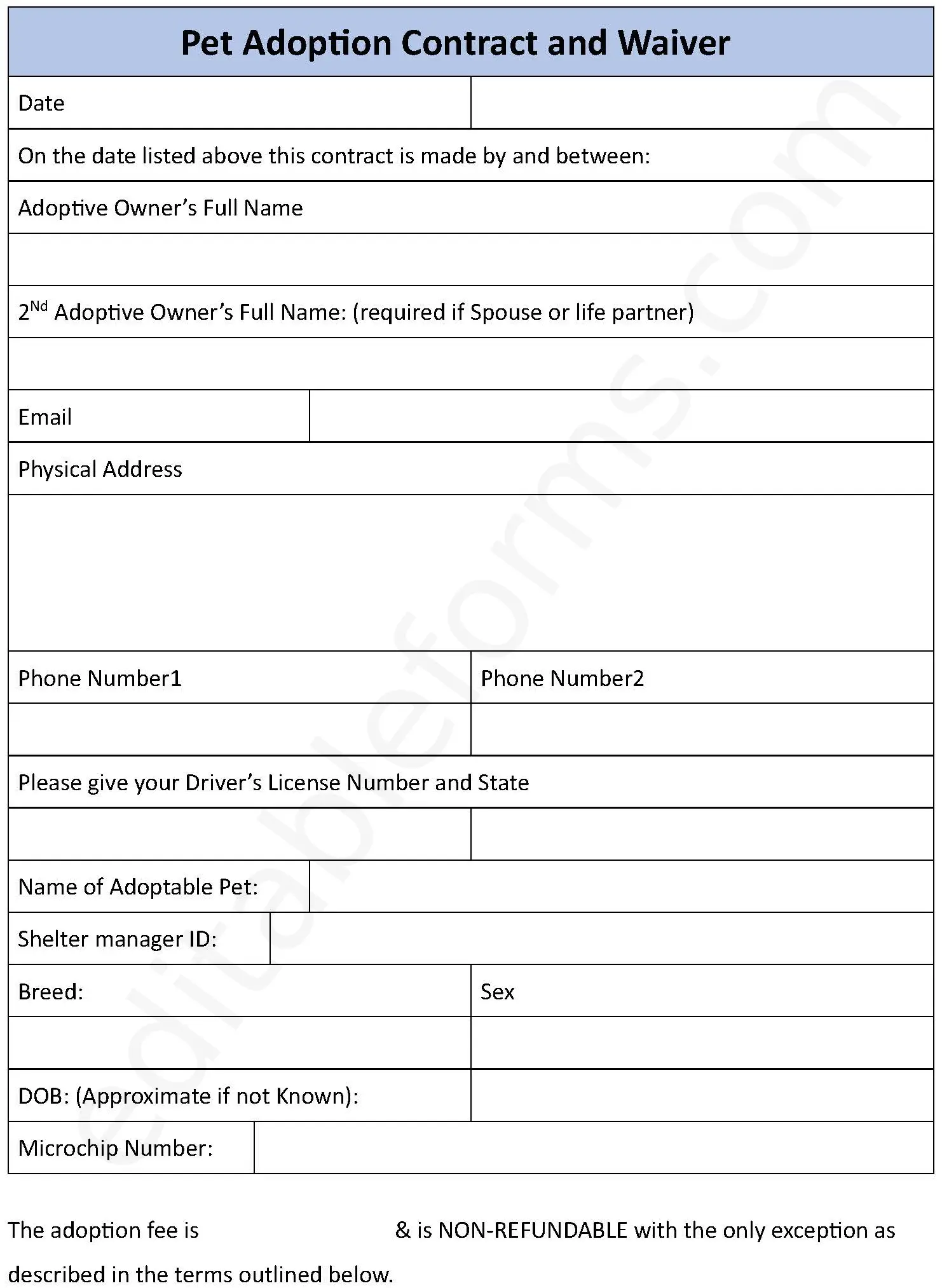 Pet Adoption Contract and Waiver Fillable PDF Form
