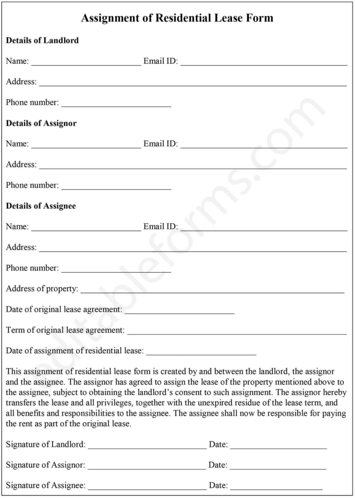 Assignment of Residential Lease Fillable PDF Form