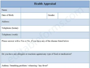 Health Appraisal Form Fillable PDF Form