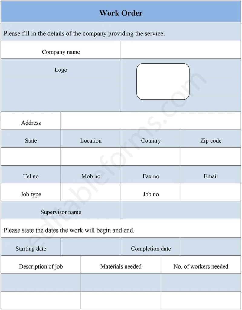 Work Order Fillable PDF Template