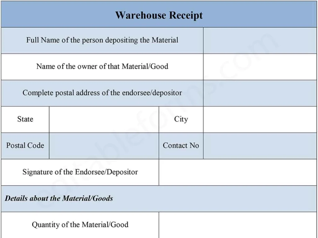 Warehouse Receipt Fillable PDF Form