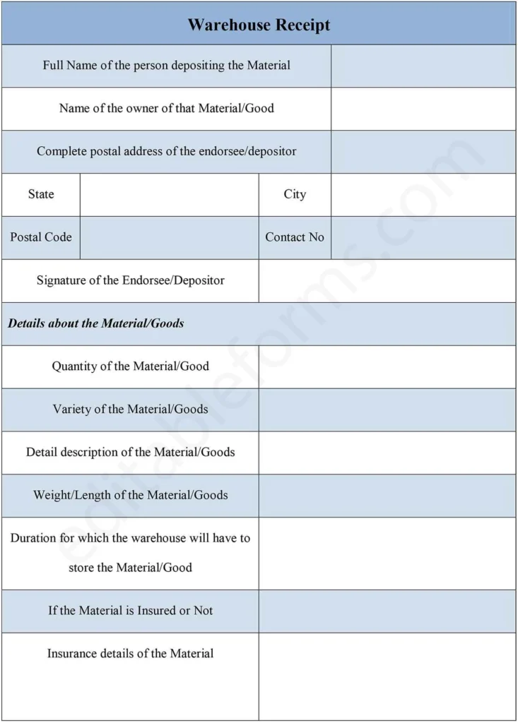 Warehouse Receipt Fillable PDF Form