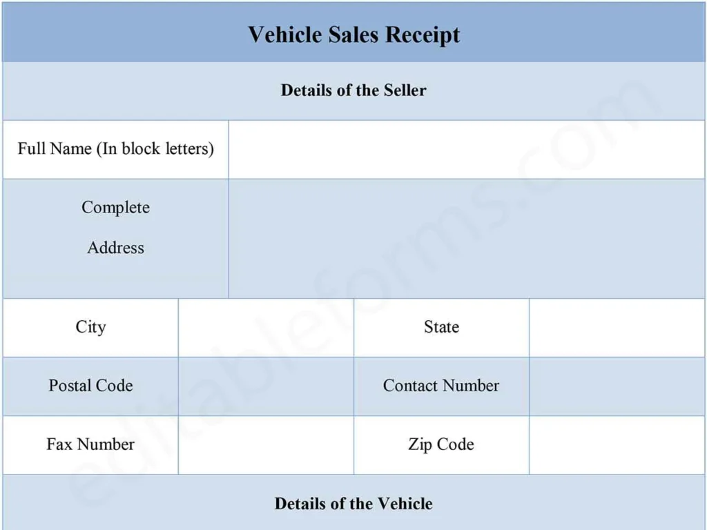 Fillable Vehicle Sales Receipt PDF