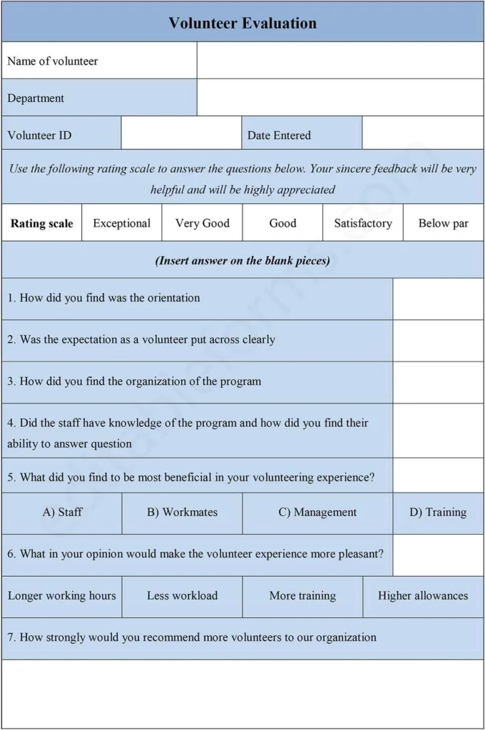 Fillable Volunteer Evaluation Template
