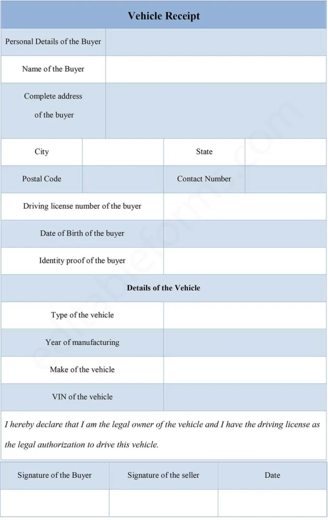 Vehicle Receipt Fillable PDF Form