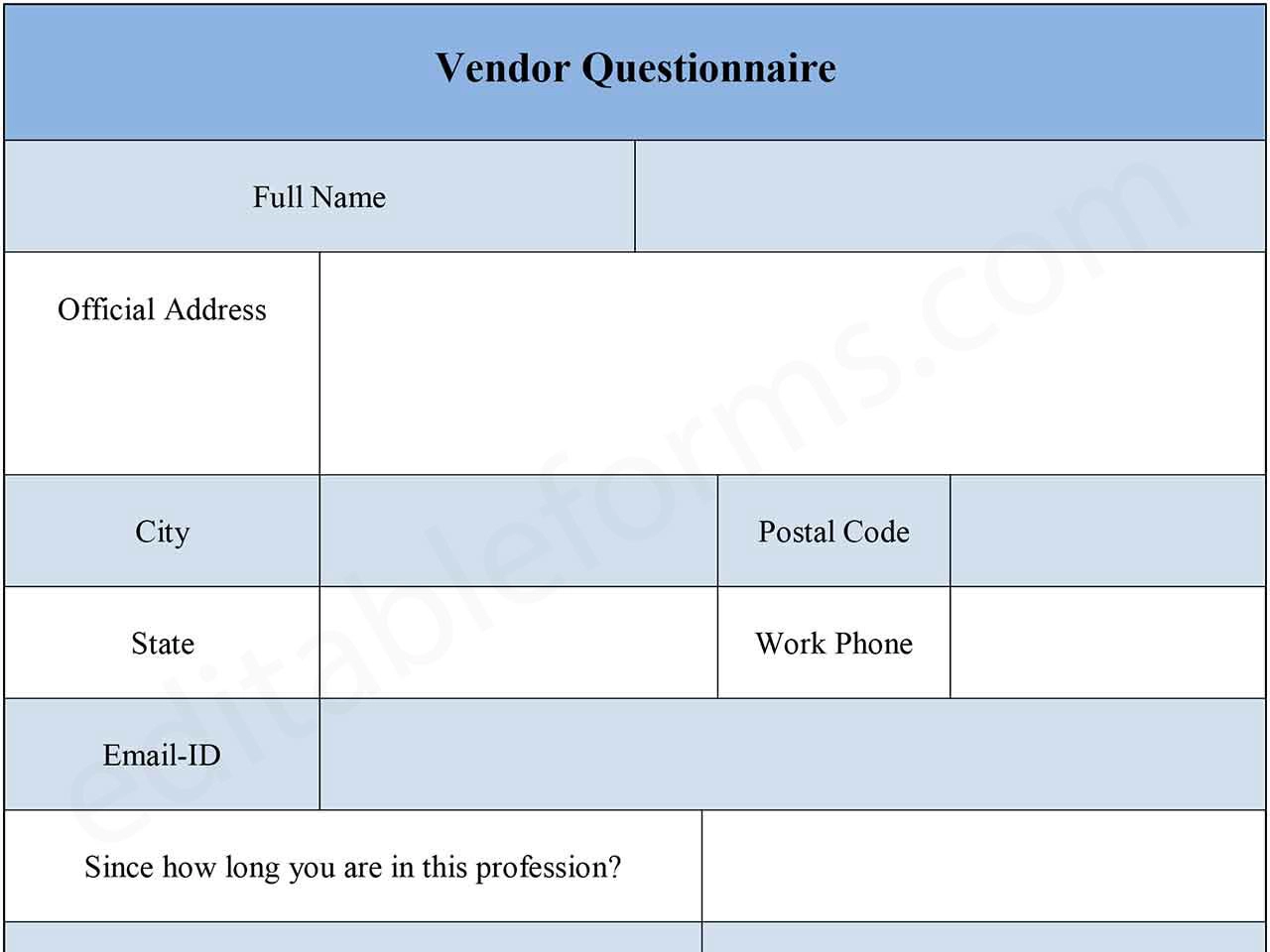Fillable Vendor Questionnaire Form