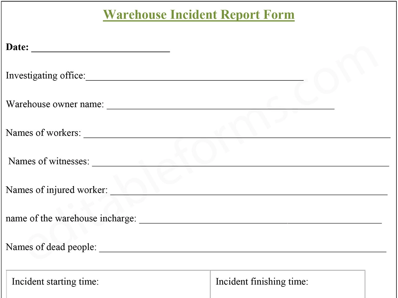 Warehouse Incident Report Form PDF