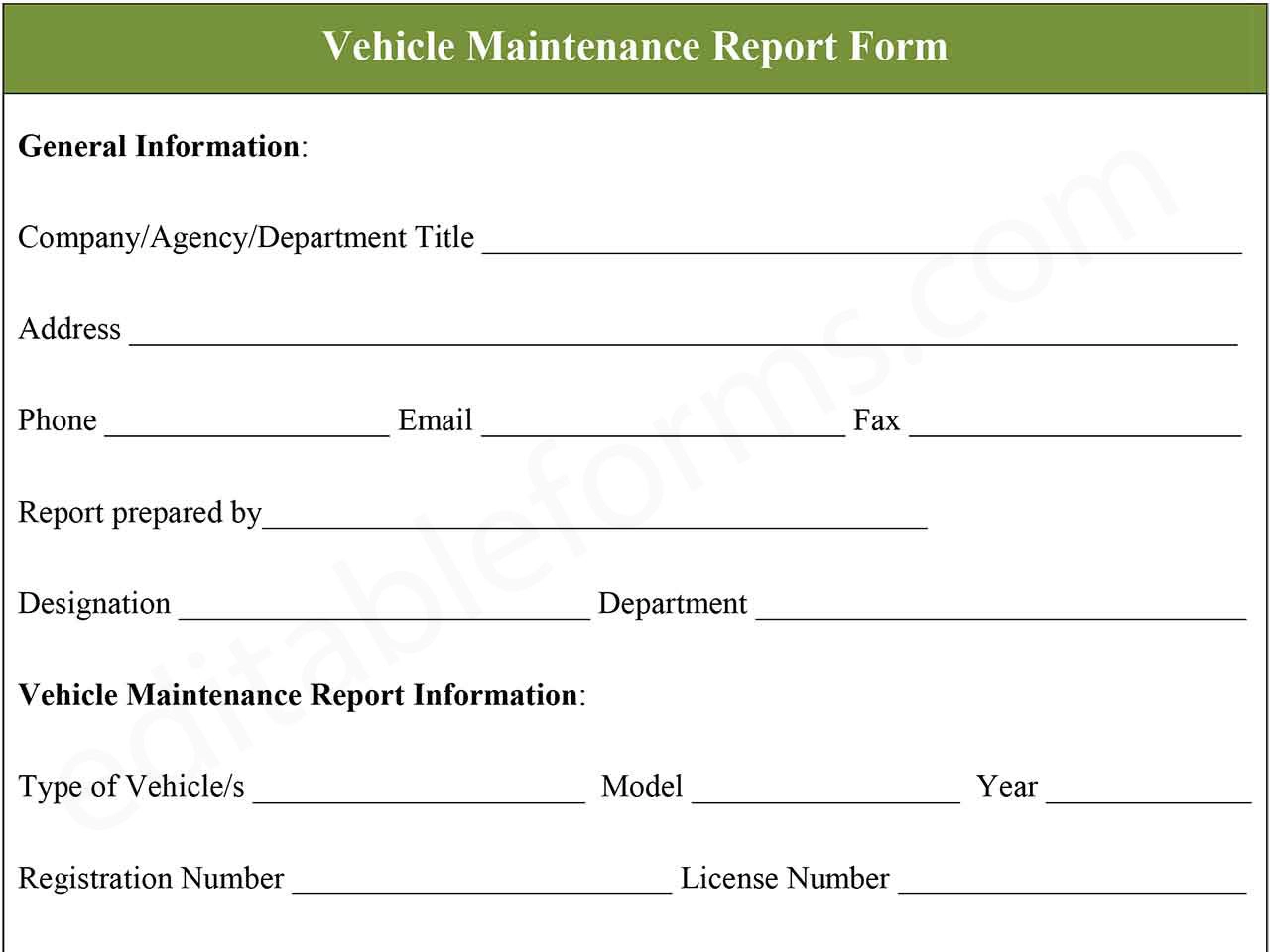 Fillable Vehicle Maintenance Report PDF