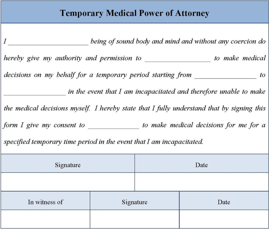 Temporary Medical Power of Attorney PDF Form