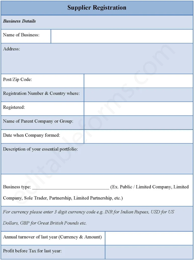 Supplier Registration Form Editable PDF Forms