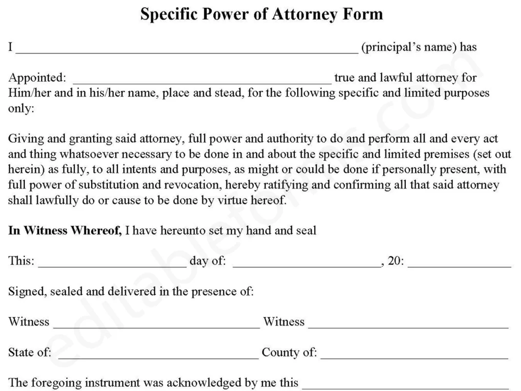 Specific Power of Attorney Form